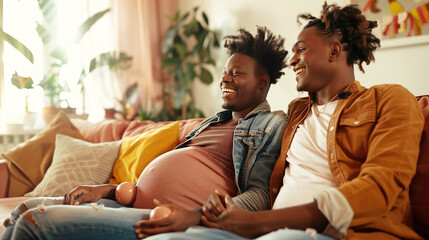 Happy pregnant transgender man standing in a sunlit room, radiating joy and contentment.