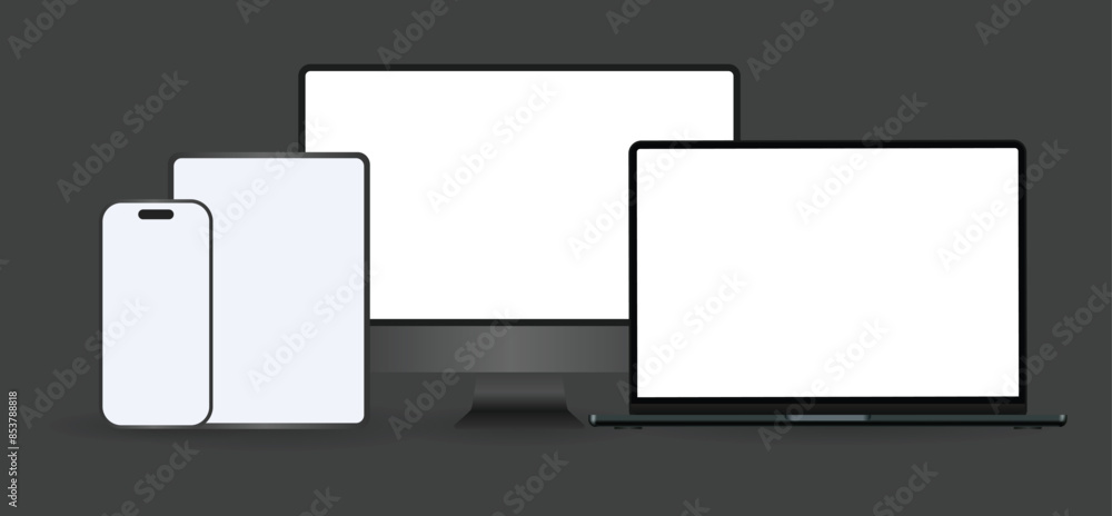 Wall mural black computer and phone mockup set with desktop, laptop and tablet. realistic clay electronic devic