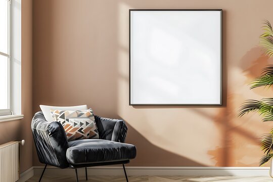 Single square frame on a light brown wall in a living room with a dark gray velvet armchair and a geometric cushion.