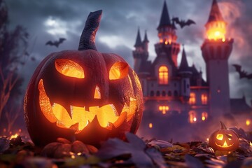 halloween pumpkin in front of castle in 3d realistic by generative ai