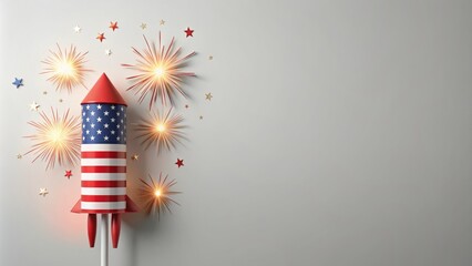 A minimalist banner design for independence day with a graphic firework rocket on a clean white background, allowing for customizable text space.
