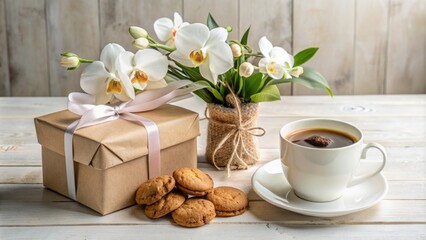 An elegant morning arrangement featuring freshly brewed coffee, artisanal cookies, a wrapped gift, and a bouquet of orchids on a soft ivory background 