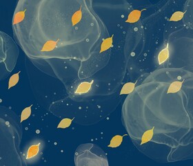 Obraz premium 夜空をバックに紅葉した葉が舞うイラスト。光あふれる幻想的な作品。