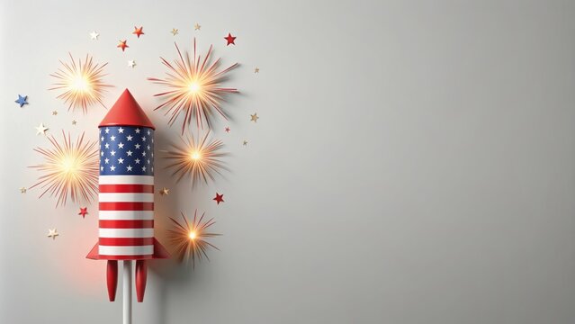 A minimalist banner design for independence day with a graphic firework rocket on a clean white background, allowing for customizable text space.