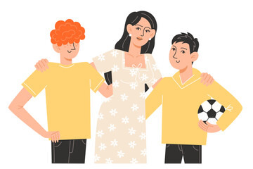 Obraz premium A young mother hugs her sons