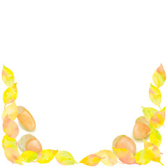 落ち葉とドングリで作った秋らしいフレーム。水彩イラストを使用。