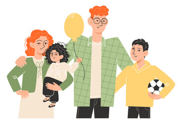 A young father with many children stands next to his children