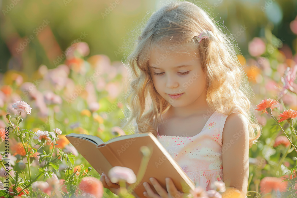 Wall mural a beautiful little girl is reading book in the flower garden