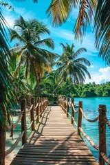 Fototapeta premium Walkway over blue sea water with tropical palm tree