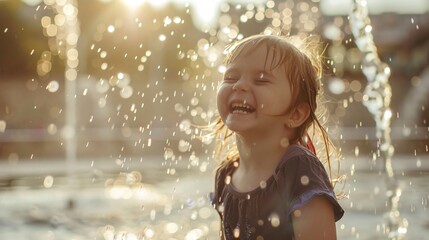 Obraz premium Little child playing with fountain water in city street