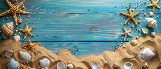 Naklejka premium Empty mockup of a summer wooden table painted bright blue decorated with beach sand and shells scattered on one side