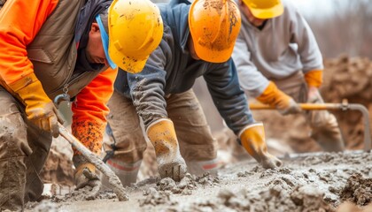 Professional Construction Team Pouring Concrete for Building Foundation with Precision and Teamwork
