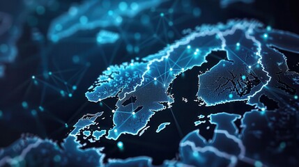 abstract digital map of scandinavia with glowing connections global network concept