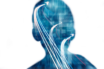 Double exposure portrait combined with photograph of head with binary code