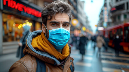 Obraz premium a man with a blue face mask, standing on a busy street. He has a brown jacket and a yellow scarf, with concern in his eyes. The street and people behind him create a sense of urban life