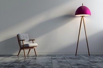 Sleek monochrome lounge with wooden accents, highlighting a magenta floor lamp on a refined grey tiled floor, embodying modern elegance.
