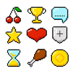 Pixel magic items for video-game. Pixel game buttons, 8-bit game resources.