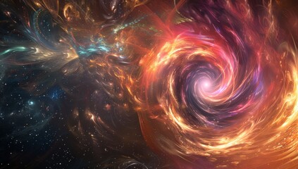 A swirling vortex of energy and light, representing the concept of quantum entanglement in space with colorful background. The colors should be vibrant and mesmerizing