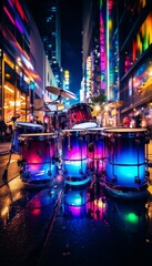 Neon cityscape  modernity and technology with glowing drum figures in front of building