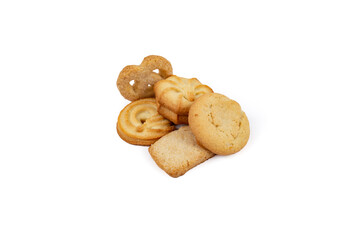 Group of Danish butter cookies,  different shape biscuits pile, isolated on white background.