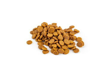 Cat food granules pile, isolated on white background, close up with copy space