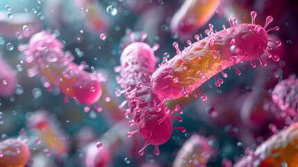 Fototapeta premium Bacterium (bacteries, bacteria, microbiome, cells, bacterie) infection under a microscope macro photography floating in space. Shape and texture design, background illustration 