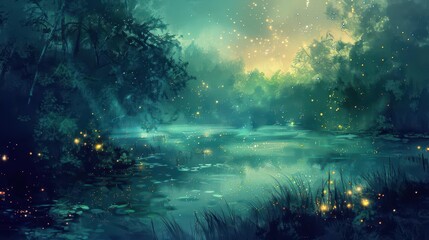 Fototapeta premium breathtaking aerial view of mysterious misty swamp with enchanting fireflies fantasy digital painting