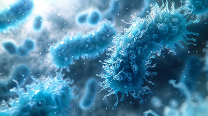 Bacterium (bacteries, bacteria, microbiome, cells, bacterie) infection under a microscope macro photography floating in space. Shape and texture design, background illustration 