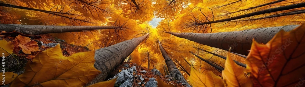 Poster stunning panoramic view of tall trees in autumn with vibrant yellow leaves, looking up towards the c