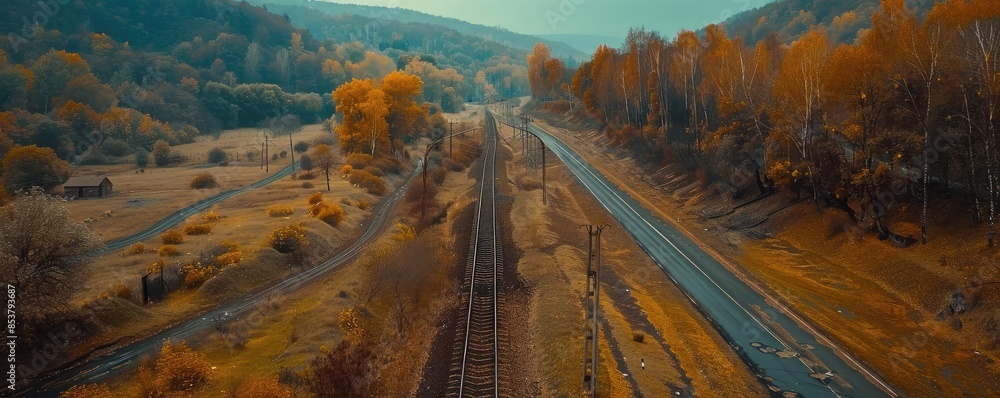 Aufkleber Aerial view of a railway track running through a beautiful autumn landscape with colorful foliage and hills in the background.