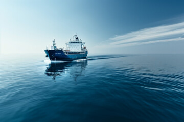 Fototapeta premium Cargo Ship Sailing on Calm Blue Sea Under Clear Sky 