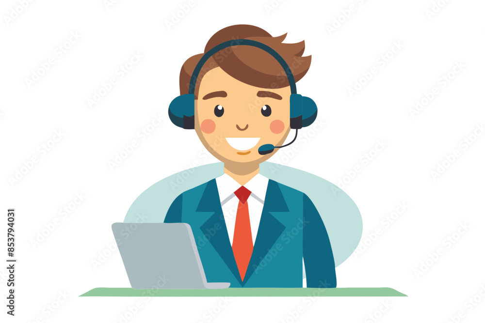 Aufkleber smiling call center agent providing customer support with headset in modern office modern flat desig