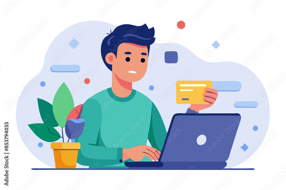 Poster man looking concerned while holding credit card and using laptop at work modern flat design simple v
