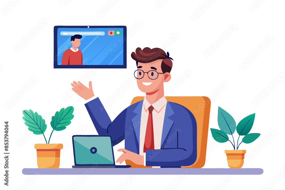 Poster online conference and business meeting in the office a young smiling man in glasses sits in front of