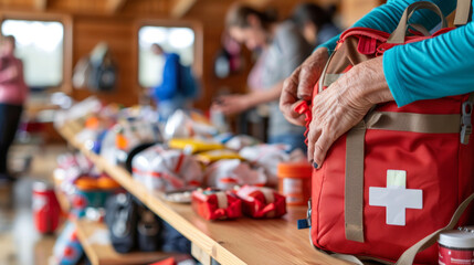 A person prepares a first aid kit at a World First Aid Day event