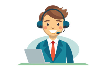 Smiling call center agent providing customer support with headset in modern office modern flat design simple vector illustration isolated transparent background;