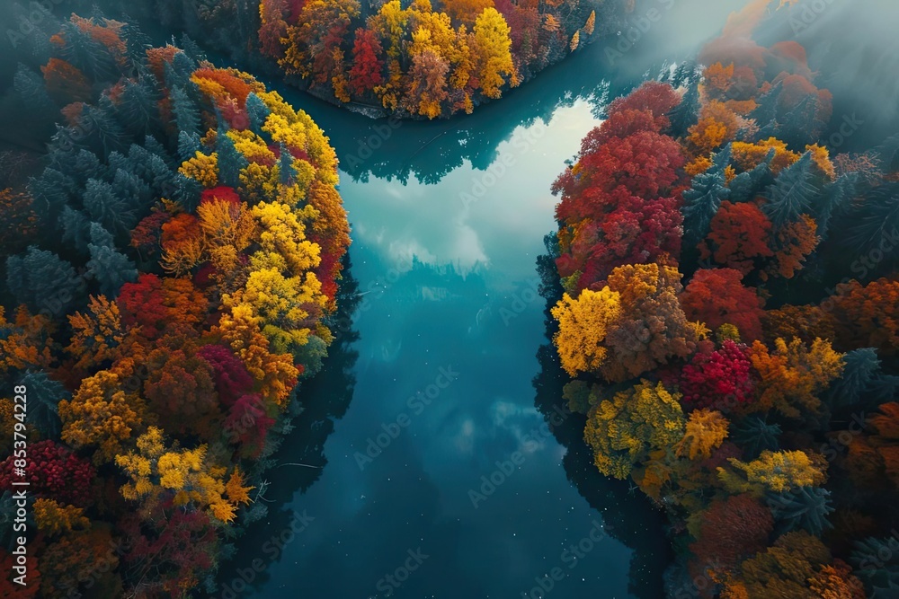 Poster aerial view of a calm river winding through a vibrant autumn forest with colorful trees and clear bl