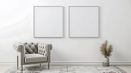Two square frames on a white wall in a minimalist living room with a light gray velvet armchair and a geometric patterned rug.