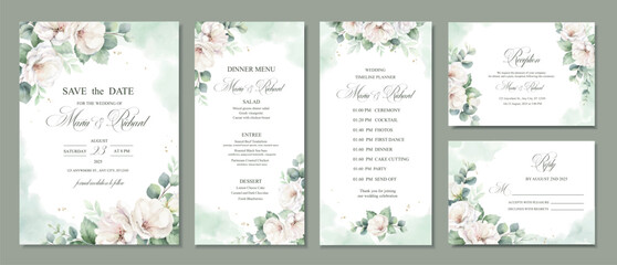 Watercolor vector set wedding invitation card template design with white roses, eucalyptus and greenery. Hand painted illustration.