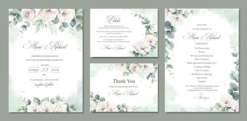 Watercolor vector set wedding invitation card template design with white roses, eucalyptus and greenery. Hand painted illustration.