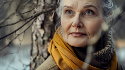 Outdoor close up portrait of beautiful 55  60 year old woman : Generative AI