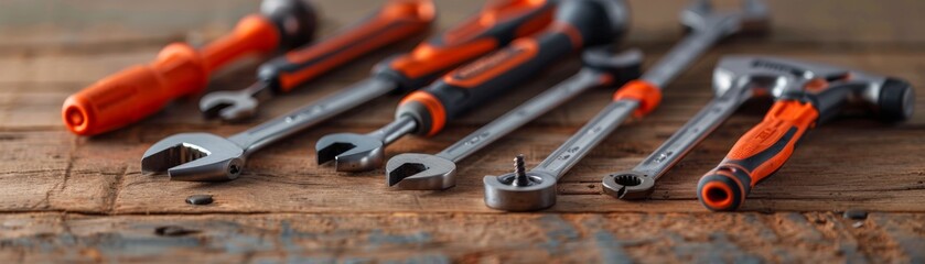 Fototapeta premium Brand New Construction Tools Set Arranged on Wooden Workbench