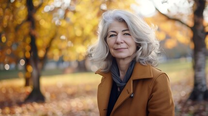 Closeup portrait of naturally beautiful senior cute grayhaired woman standing in park in autumn wearing coat looking at camera smiling Pretty mature kind goodlooking female on fresh ai : Generative AI