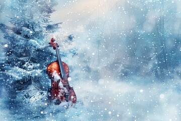 Fototapeta premium Winter Music Collage, Surreal Trendy Contemporary Poster, Snowing Music Concept, Sounds of Nature