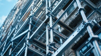 A detailed view of scaffolding structure used for building construction, showing metal pipes and connectors forming a secure framework.