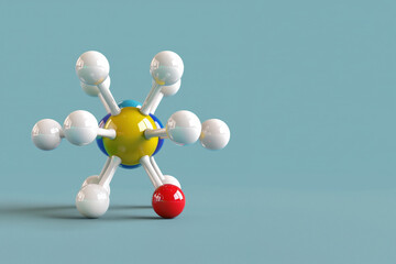 3D Molecular Model with Color-Coded Spheres and Bonds on Blue Background