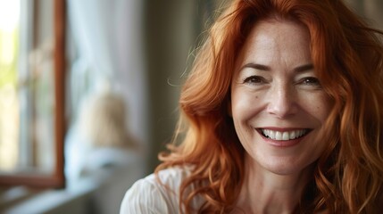 Portrait of smiling mature woman looking at camera with big grin Successful middle aged woman at home smiling Beautiful mid adult lady with long red hair enjoying whitening teeth treat : Generative AI