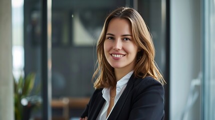 Head shot portrait of smiling professional female advisor business trainer businesslady coach looking at camera pose in office New company employee photoshoot hired worker profile pict : Generative AI