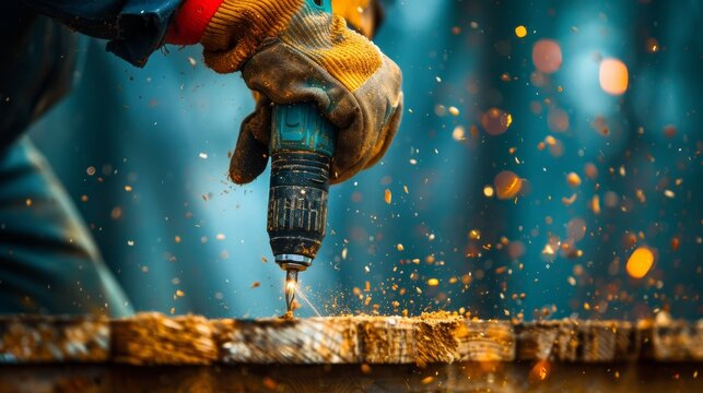 Skilled construction worker using heavy-duty drill to bore into wood, generating wood chips and sawdust shower
