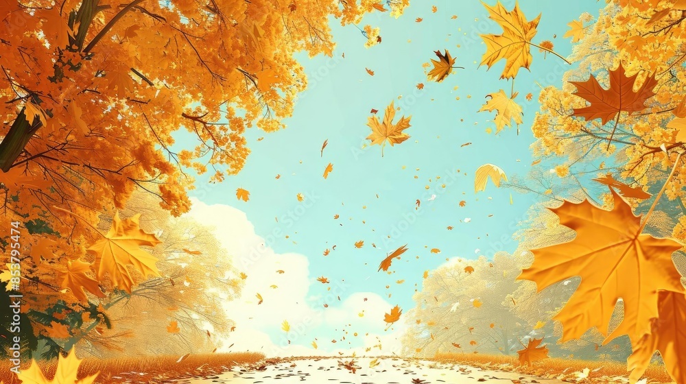 Aufkleber vibrant autumn leaves falling gracefully in a sunlit forest, creating a mesmerizing seasonal scene w